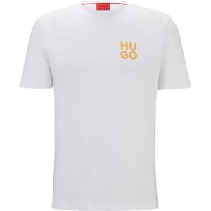 HUGO Heren Dimoniti katoenen jersey T-shirt met gestapelde logo print, Wit, S