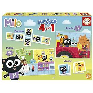 Educa, Superpack Milo, bordspellen voor kinderen zoals Domino, Identic en 2 puzzels met 25 en 50 delen, meerdere speelmogelijkheden om alleen of in begeleiding te spelen, vanaf 3 jaar