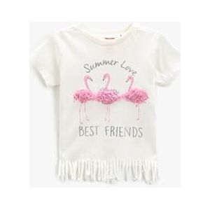 Koton Babygirl Flamingo Applique Detail T-shirt Tasseled Korte Mouwen Ronde Hals, ecru(010), 9-12 Maanden