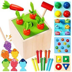 Houten speelgoed Montessori speelgoed vanaf 2 jaar, 5-in-1 motoriekspeelgoed, houten puzzel, worteloogst, houten dobbelstenen, verjaardagscadeaus voor jongens en meisjes