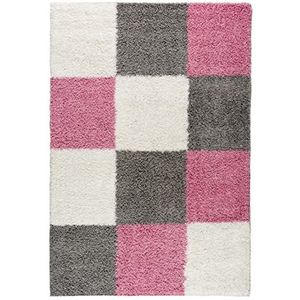 Mynes Home Shaggy Tapijt hoogpolig roze grijs wit 30 mm/lange tapijten geruit/woonkamer tapijten / 160x220 cm