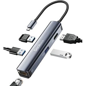 USB C-hub dockteck 5-in-1 USB C-dock, USB-C adapter met Ethernet LAN RJ45, 4K HDMI, 3 USB 3.0 voor MacBook Pro/Air M1, iPad Pro/Air 5, Surface enz