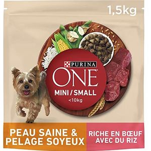 Pro Plan PURINA ONE Mini/s < 10 kg gezonde huid & zijdezachte vacht, rijk aan rundvlees met rijst, 1,5 kg, droogvoer voor volwassen honden
