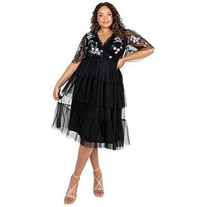 Maya Deluxe Vrouwen Dames Dames Geborduurde Jurk Bloemen Pailletten Versiering Tier Plunging V-hals Midaxi Avondjurk Zwart Mesh, Zwart, 34