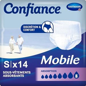 Confiance Mobiel, absorberende slip voor mannen en vrouwen, absorptieniveau, 8 druppels (gemiddelde urineweg), discreet en effectief, pH-neutraal, maat S, 14 stuks