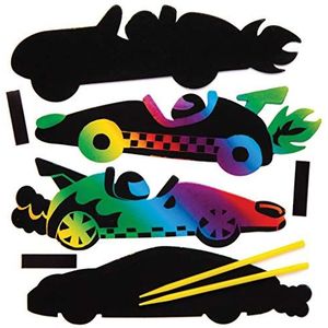 Baker Ross Krabafbeelding knutselsets ""racewagen"" met magneten (10 stuks) – kleurrijk regenboogkraspapier – knutselidee voor kinderen