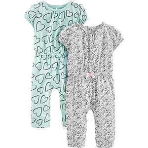 Simple Joys by Carter's Baby Girls' 2-Pack Fashion Jumpsuits, Mint Green Hearts/White Dots, 12 Months