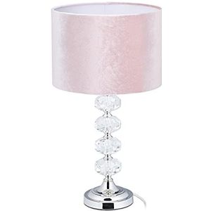 Relaxdays tafellamp, fluweel en kristal, H x Ø: 47 x 26 cm, E14 fitting, ronde nachtkastlamp, schemerlamp met kap, roze