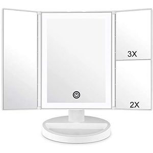WEILY Make-up spiegel met LED-Verlichting en Touchscreen, Drievoudig 1x 2x 3x Vergroting, 180 ° Verstelbare Rotatie, Werkt op Batterijen en USB, Aanrecht Cosmetische Spiegel (Wit)