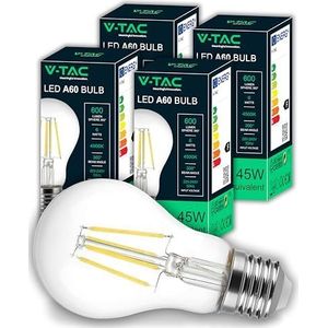 V-TAC 4 x LED-gloeilamp E27 filament A60 - [hoge efficiëntie 6W] - 600 lumen - (komt overeen met 45W) - maximale efficiëntie - decoratieve filament - gloeilampen - spaarlamp - 4 stuks - neutraal wit