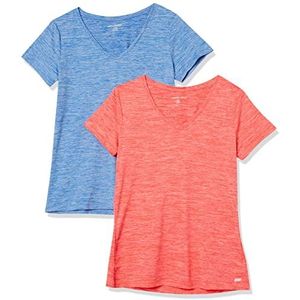 Amazon Essentials Dames Tech Stretch T-shirt met korte mouwen en V-hals (verkrijgbaar in grote maten), 2-Pack, Koraaloranje Ruimteverf/Lichtblauw Ruimteverf, S