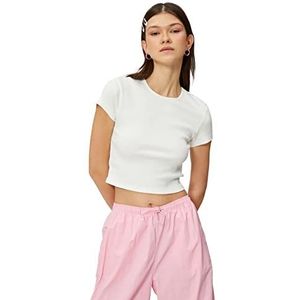 Koton Dames Crew Neck Short Sleeve Ribbed Katoen T-Shirt, ecru (010), XS
