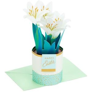Hallmark Paaskaart, pop-up kaart, 3D witte lelie bloemen en vaas ontwerp, religieuze paaskaart, wit, goud