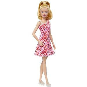 Barbie Fashionistas Pop 205 met blonde paardenstaart, in jurk met roze en rode bloemen, sandalen met plateauzolen en grote oorringen, HJT02