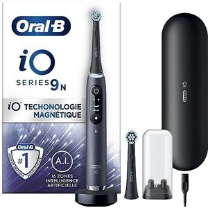 Oral-B iO9N Elektrische tandenborstel met oplaadbare handgreep, iO-magneettechnologie, 2 opzetstukken, kleurendisplay, oplader, reiskoffer, zwart