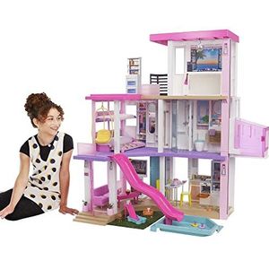 Barbie Droomhuis (1,14 m) Poppenhuis Speelset met 3 verdiepingen, zwembad, feestzaal, lift, speelzone voor puppy's, aanpasbare lichten en geluiden, 75+ onderdelen, voor kinderen van 3 jaar, GRG93