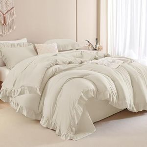 Andency Beige Twin Size Ruffle Comforter, 2 Pieces Farmhouse Shabby Classic Bed Set for Kids, Lighteweight Soft Microfiber Bedding Set for Girls(1 Ruffle Comforter and 1 Pillowcase)
