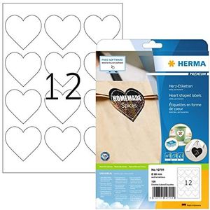 HERMA 10791 Hartvormige etiketten, 120 stuks, Ø 60 mm, 12 per A4-vellen, zelfklevend, bedrukbaar, mat, blanco papier, zelfklevende etiketten, stickers in hartvorm, wit
