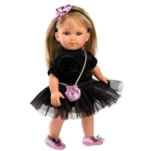 Llorens 1053553 Pop Lucy, met blauwe ogen en blond haar, Fashion Doll met zacht lichaam, incl. zwarte glitterjurk en haarband, 35 cm