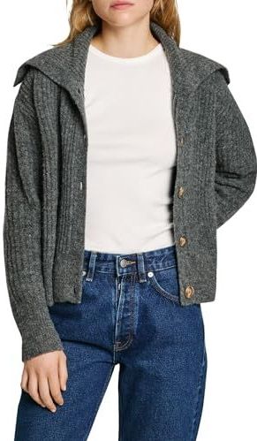 Cardigan - Grijs - Acryl - Maxi Polo Hals - Lange Mouwen - Knoopsluiting