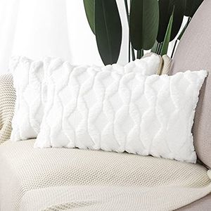 MADIZZ Set van 2 zachte pluche korte wol fluwelen decoratieve Kussenhoezen luxueuze stijl kussenhoes voor bank slaapkamer 40x80 cm Puur Wit