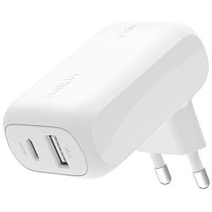 Belkin BoostCharge 42 W 2-poorts wandlader, USB-C + USB-A oplader, snellader voor iPhone 15, 15 Plus, 15 Pro, 15 Pro Max, 14, 14 Pro Max, 13, Galaxy S24, S23, Plus, Ultra, iPad, AirPods en meer – Wit