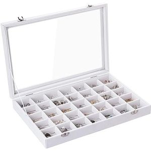 Frebeauty Fluwelen sieradenlade, 35 rasters sieradenorganizer met doorzichtig deksel, oorbelhouder organizer hoesje met sluiting, ladeinzetstuk voor ringstekers, 35 x 22 cm, cadeau voor vrouwen