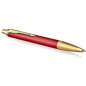 Parker IM Balpen, premium rood gelakt met gouden afwerking, middelgrote punt met blauwe inkt, navulverpakking, geschenkdoos