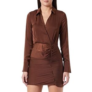 Pretty Darling Vrouwen chocolade satijn V-hals lange mouwen ruches bodycon jurk casual, Chocolade, 34-36