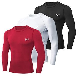 MEETYOO Compressieshirt voor heren, functioneel shirt met lange mouwen, fitnessshirt voor mannen, sportshirt, ademend, loopshirt voor hardlopen, joggen, sport, gymzaal, zwart, wit, rood., XL