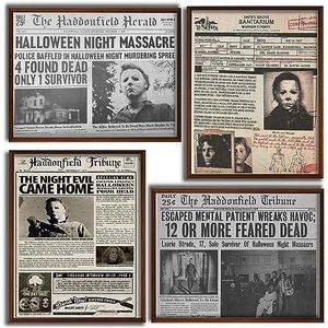 4 stuks vintage horrorfilm krantenposter, klassieke horrorfilmdecoratie, enge filmpersonageposters voor slaapkamer, mannengrot, 11 x 14 inch karton, niet ingelijst