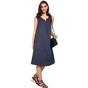Bonateks, Lange mouwloze jurk met Tunesische kraag, 100% linnen, DE-maat: 40 US maat: L, Marine - Made in Italy, blauw, 40