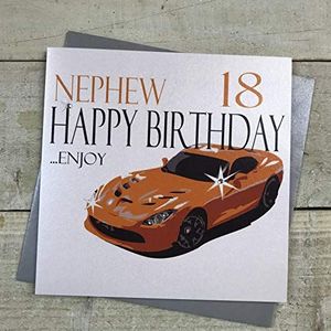 WHITE COTTON CARDS Wenskaart voor de 18e verjaardag, handgemaakt, motief: oranje sportwagen, Engelse opschrift: Nephew 18 Happy Birthday.Enjoy, wit