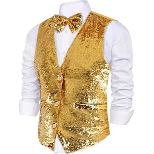 Dress Up America Vest Met Pailletten En Strik - Gouden Glittervest Voor Jongens - Feestvest Voor Volwassenen - Vest Met Pailletten