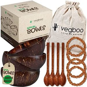 vegboo® Coconut Bowls Set van 4 14-delig met accessoires - veganistische duurzame kokosnootschaal - handgemaakt ideaal als mueslikom, veganistisch, acai en smoothiebowl