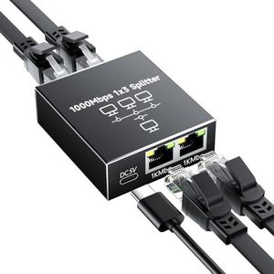 GlasFlength LAN-splitter 1 naar 3 1000 Mbps Ethernet Splitter, LAN Switch 4 Port Met Type-C Netsnoer Gigabit Ethernet Switch Stroomkabel voor Computer Hubs Switches Router Set-Top Box Digitale TV et