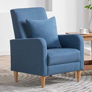 COLAMY Fauteuil voor de woonkamer, enkele bank voor slaapkamer, moderne gestoffeerde accentstoel met kussen, stoffen leeshoek, zijstoel met zacht traagschuim, loungestoel en houten poten, blauw