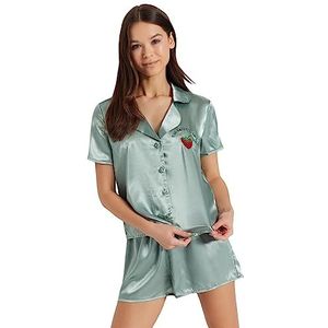 Trendyol Dames slogan knop gedetailleerde dunne geweven shirt-korte pyjama set, Munt, 40