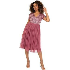 Maya Deluxe Midi-jurk voor dames, met V-hals, versierd bruidsmeisjesjurk, desert roze, 56 NL