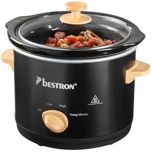 Bestron Slowcooker voor 2 personen, met keramische pan en glazen deksel, 3-traps thermostaat, ideaal voor vele gerechten zoals vlees, soepen en groenten, 1,5 liter, zwart & hout, kleur: zwart/hout