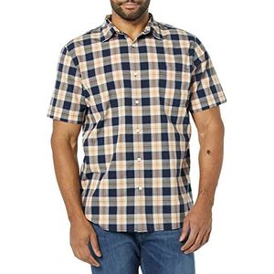 Amazon Essentials Heren Slim-Fit Poplin Shirt met korte mouwen, Navy Gold Plaid, Large
