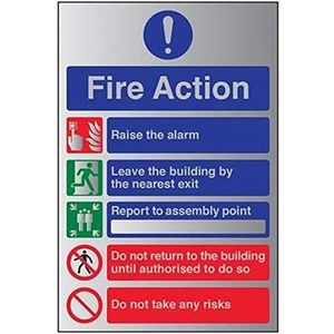 VSafety Algemeen Fire Action 5 Bericht Risico's Sign - 150mm x 200mm - Zelfklevend Alu Effect