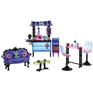 Monster High De Doodlopende Koffieboon Speelset, café met twee dierenvriendjes, spookachtige meubels, taartjes en drankjes, baristabar, kinderspeelgoed, cadeauset, HMV78