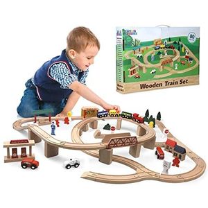 Play Build houten treinset voor kinderen - 80-delige complete peutertreinset voor interactief spelen en leren - Premium kwaliteit creatief houten treinbaanontwerp - vanaf 3 jaar