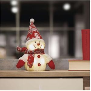 EMOS Led-sneeuwpop met 4 leds, kerstdecoratie zittende sneeuwpop met rode sjaal en puntmuts, verlichte winterdecoratie, 18 x 25 cm, warm witte lichtkleur, werkt op batterijen (3 x AA)
