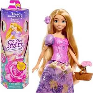 Mattel Disney Prinses Rapunzel Modepop, Draaien en Ontdekken, set met 11 verrassingen, waaronder 5 accessoires, 5 stickers en speelscène, geïnspireerd op de film, HTV8