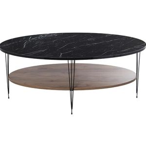 DRW Ovale salontafel met plank van hout en metaal in zwart, marmereffect, 109 x 59 x 45 cm, plank 99 x 49 x 1,8 cm