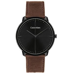 Calvin Klein Analoge quartz horloge voor heren met donkerbruine lederen band - 25200155, Zwart, riem