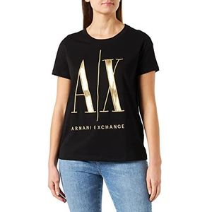 Armani Exchange Dames Icon, Regular Fit, Maxi Gold geborduurd Logo T-Shirt, Zwart, Small, zwart, S
