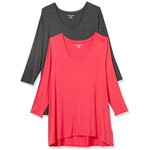 Amazon Essentials Women's Swing T-shirt met driekwartmouwen en V-hals (verkrijgbaar in grote maten), Pack of 2, Houtskoolzwart/Rood, L-XL